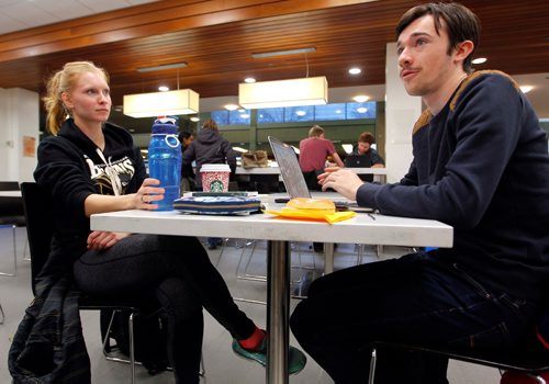 BORIS MINKEVICH / WINNIPEG FREE PRESS
Reaction to possible end to the University of Manitoba prof's strike. Photo taken in University Centre lower level. U of M track athletes Tegan Turner, 20, and Connor Boyd, 20, explain how the strike effected their class and training schedules. Nov 21, 2016