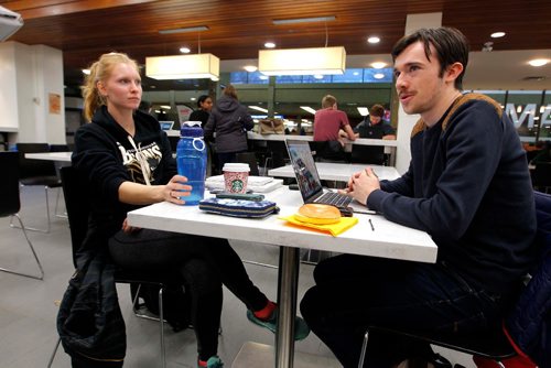 BORIS MINKEVICH / WINNIPEG FREE PRESS
Reaction to possible end to the University of Manitoba prof's strike. Photo taken in University Centre lower level. U of M track athletes Tegan Turner, 20, and Connor Boyd, 20, explain how the strike effected their class and training schedules. Nov 21, 2016