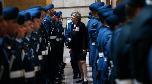 WAYNE GLOWACKI / WINNIPEG FREE PRESS

Lt. Gov. Janice Filmon inspects the members of 17 Wing Winnipeg honour guard at the Manitoba Legislative building  Monday prior to delivering the throne speech. Larry Kusch/ Nick Martin/Kristin Annable stories   Nov. 21 2016