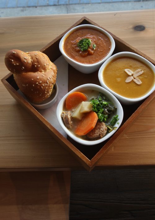 JOE BRYKSA / WINNIPEG FREE PRESS Sana Souphouse- 387 Graham- Soup Flight-  Red Pepper Tomato Bisque, West African Peanut soup, and  Zuppa Toscana  -Nov 21, 2016 -( See Alison Gilmore review)