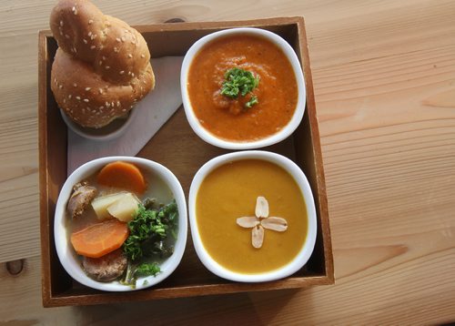 JOE BRYKSA / WINNIPEG FREE PRESS Sana Souphouse- 387 Graham- Soup Flight-  Red Pepper Tomato Bisque, West African Peanut soup, and  Zuppa Toscana  -Nov 21, 2016 -( See Alison Gilmore review)