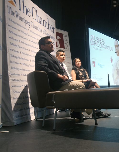 JOE BRYKSA / WINNIPEG FREE PRESSL To R panel Dr Frank Deer,Jenna Liiciious, , and Jessica Dumas at Business and reconciliation-A Call to Action- Winnipeg Chamber of Commerce luncheon at the Canadian Museum for Human Rights -Nov 21, 2016 -( See Martin Cash story)