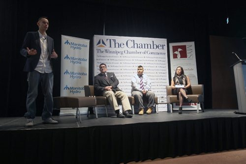 JOE BRYKSA / WINNIPEG FREE PRESSL To R panel  Michael Redhead Champagne( Moderator), Dr Frank Deer, Jenna Liiciious, and Jessica Dumas at Business and Reconciliation-A Call to Action- Winnipeg Chamber of Commerce luncheon at the Canadian Museum for Human Rights -Nov 21, 2016 -( See Martin Cash story)