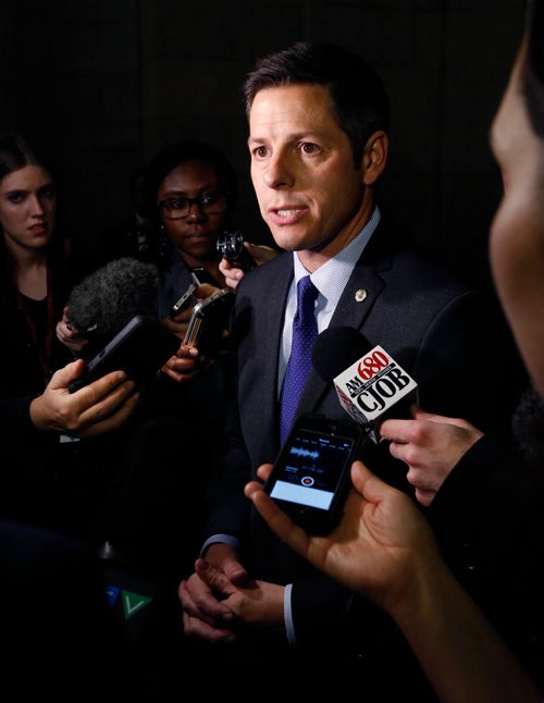 WAYNE GLOWACKI / WINNIPEG FREE PRESS

Mayor Brian Bowman  speaks to reporters after the throne speech Monday in the Legislative building.  Larry Kusch/ Nick Martin/Kristin Annable stories   Nov. 21 2016