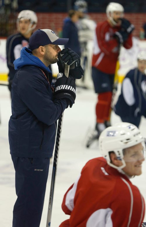 WAYNE GLOWACKI / WINNIPEG FREE PRESS
 Head Coach Pascal Vincent at the Manitoba Moose practice in the MTS Centre Monday. Mike McIntyre story  Nov. 21 2016