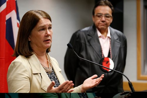 JOHN WOODS / WINNIPEG FREE PRESS
Jane Philpott, Federal Minister of Health, speaks to media about her visit to Winnipeg, including her meeting with the Norway House individuals switched at birth and their families, along with Eric Robinson, spokesperson for the switched at birth families at Inn At The Forks Monday, November 21, 2016.