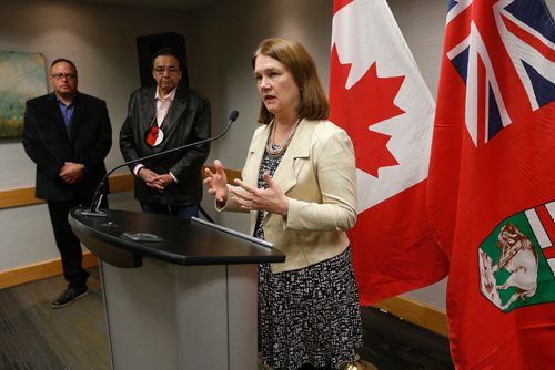 JOHN WOODS / WINNIPEG FREE PRESS
Jane Philpott, Federal Minister of Health, speaks to media about her visit to Winnipeg, including her meeting with the Norway House individuals switched at birth and their families, along with Eric Robinson, spokesperson for the switched at birth families and Deputy Chief Gilbert Fredette Norway House at Inn At The Forks Monday, November 21, 2016.

