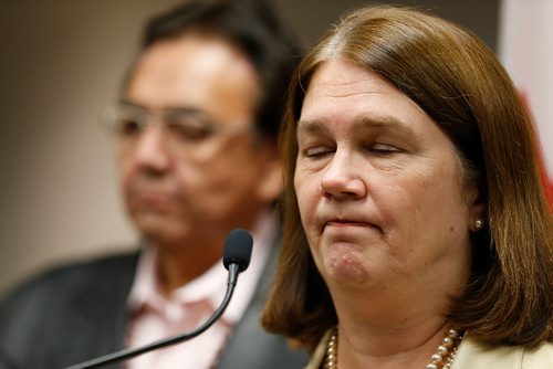 JOHN WOODS / WINNIPEG FREE PRESS
Jane Philpott, Federal Minister of Health, speaks to media about her visit to Winnipeg, including her meeting with the Norway House individuals switched at birth and their families, along with Eric Robinson, spokesperson for the switched at birth families at Inn At The Forks Monday, November 21, 2016.