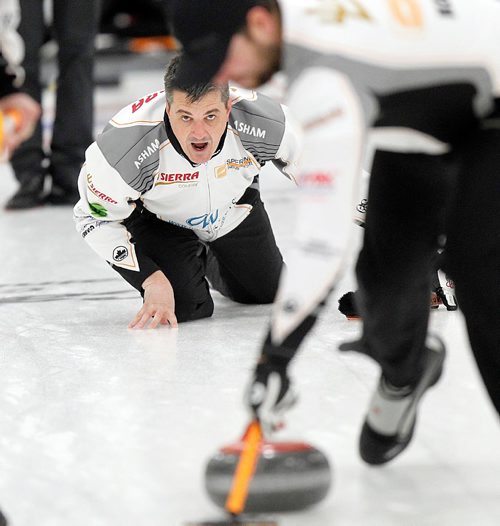 PHIL HOSSACK / WINNIPEG FREE PRESS - William Lyburn bellows his rock downstream Wednesday evening in Morris at the Decalb Superspeil. See story. November 21, 201