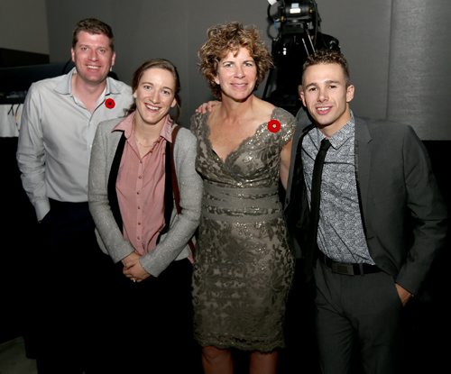 JASON HALSTEAD / WINNIPEG FREE PRESS

L-R: Canadian Olympians Jeffrey Powell (rowing), Leah Ferguson (wrestling), Marnie McBean (rowing) and Tyler Mislawchuk (triathlon) at the Gold Medal Plates food and wine fundraiser for the Canadian Olympic Foundation at the RBC Convention Centre Winnipeg on Nov. 9, 2016. (See Social Page)