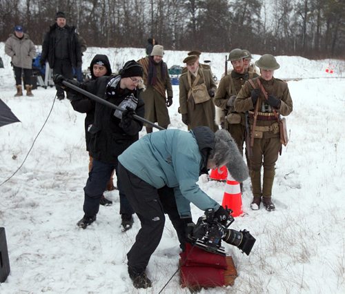 PHIL HOSSACK / WINNIPEG FREE PRESS -   Actors prepare to march their boots past the camera Tuesday on set near Anola Mb. in the making of Trench 2. See Randal King's story.  November 22, 201