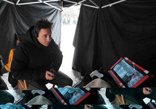 PHIL HOSSACK / WINNIPEG FREE PRESS -   Director Leo Scherman, warm touque and coffee near, watching monitors on set near Anola Mb. while making Trench 2. See Randal King's story.  November 22, 201