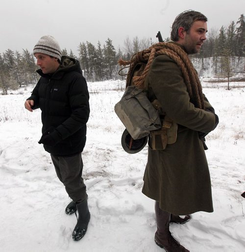 PHIL HOSSACK / WINNIPEG FREE PRESS -   Actor Rossif Sutherland (playing Berton) and Director Leo Scherman (left) on the set of Trench 2 near Anola Mb. . See Randal King's story.  November 22, 201