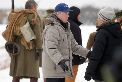 PHIL HOSSACK / WINNIPEG FREE PRESS -   Prioducer Tyler Levine (center) talks to Director Leo Scherman (right) on the set of Trench 2 near Anola Mb. . See Randal King's story.  November 22, 2016