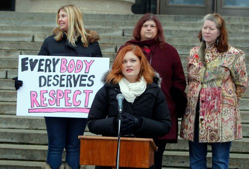 BORIS MINKEVICH / WINNIPEG FREE PRESS
Manitobans Against Weight Stigma community campaign invited the public, the media and the Manitoba Government to the Rally to End Weight Discrimination at the Manitoba Legislature today. Lindsey Mazur, Registered Dietitian, Manitobans Against Weight Stigma, speaks during the rally. Behind her is L-R Danna McDonald, Michelle (did not want last name used), and Léamber Kensley. Nov 23, 2016