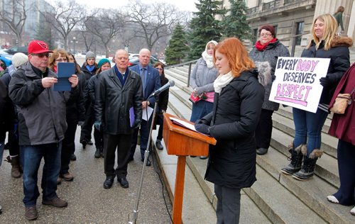 BORIS MINKEVICH / WINNIPEG FREE PRESS
Manitobans Against Weight Stigma community campaign invited the public, the media and the Manitoba Government to the Rally to End Weight Discrimination at the Manitoba Legislature today. Lindsey Mazur, Registered Dietitian, Manitobans Against Weight Stigma, speaks to the crowd from the podium. The crowd was small. Nov 23, 2016