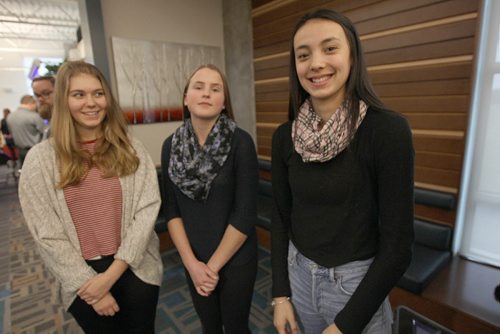 JOE BRYKSA / WINNIPEG FREE PRESS A public awareness campaign that was launched at Shaftesbury High School on Grant Ave Friday   Students LtoR- Sara Krysanski, Andrea Warzel, Skylar Park speak to media after presentation.Nov 25, 2016 -( see Larry Kusch story)
