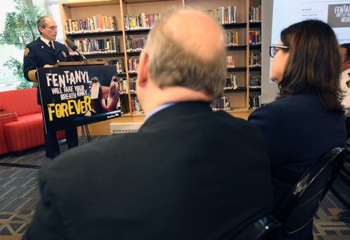 JOE BRYKSA / WINNIPEG FREE PRESS Winnipeg Fire and Paramedic Service Chief John Lane speaksat   Fentanyl public awareness campaign that was launched at Shaftesbury High School on Grant Ave Friday as Heath Minister Kelvin Goertzen, front-left, and Justice Minister Heather Stefanson , front- right listen - Nov 25, 2016 -( see Larry Kusch story)