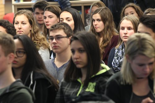 JOE BRYKSA / WINNIPEG FREE PRESS A public awareness campaign that was launched at Shaftesbury High School on Grant Ave Friday  Kids listen as Health Minister Kelvin Goertzen, not pictured, speaks- Nov 25, 2016 -( see Larry Kusch story)