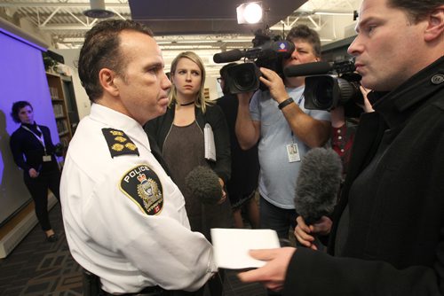 JOE BRYKSA / WINNIPEG FREE PRESS Winnipeg Police Chief Danny Smyth answers questions about Fentanyl public awareness campaign that was launched at Shaftesbury High School on Grant Ave Friday - Nov 25, 2016 -( see Larry Kusch story)