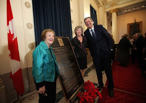 RUTH BONNEVILLE / WINNIPEG FREE PRESS


Premier Brian Pallister, Lieutenant Governor of Manitoba Janice  Filmon and The Nellie McClung Foundation Board Chair Lila Goodspeed (left, green) look at the official plaque commemorating the 100th Anniversary of some Manitoba women receiving the right to vote after it was unveiled at a ceremony at the Legislative BuildingTuesday. 

Nov 29, 2016
