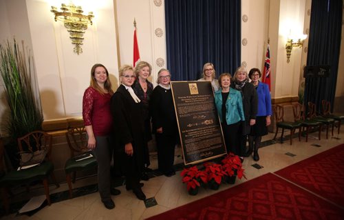 RUTH BONNEVILLE / WINNIPEG FREE PRESS



Board members of the Nellie McClung Foundation have their photo taken next to  the official plaque commemorating the 100th Anniversary of some Manitoba women receiving the right to vote at a ceremony unveiling the plaque at the Manitoba Legislative Building Tuesday. 

Names from left: 
Bonnie Procyshyn (red), Myrna Driedger Speaker of the Mb. Legislative Assembly, Janice Filmon Lieutenant Governor of Manitoba, Doris May,  Dana Oftedal, Lila Goodspeed, Shona Connelly and Betty Mueller 


Nov 29, 2016
