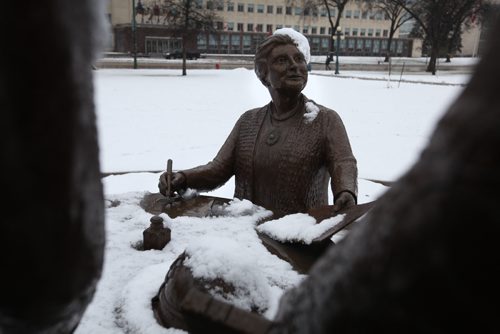 RUTH BONNEVILLE / WINNIPEG FREE PRESS


Statue of Nellie McClung with fresh fallen snow on her as she is depicted signing  the documents, with group of five suffragist's, who fought for the right for women to vote 100 years ago An official plaque commemorating the 100th Anniversary of some Manitoba women receiving the right to vote was unveiled at the Manitoba Legislative Building Tuesday.

Nov 29, 2016

