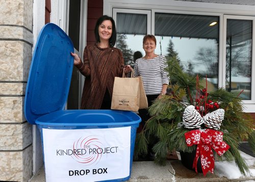 WAYNE GLOWACKI / WINNIPEG FREE PRESS
At left, Jackie Hunt has started a new initiative called the Kindred Project that will help address the need for menstrual hygiene products.  She is with her mother Barbara Wipf and her mother's  donation bin in front her parents home in St.James. Jackie is holding bags of items that will be given to women.  Jen Zoratti  story  Dec. 1 2016