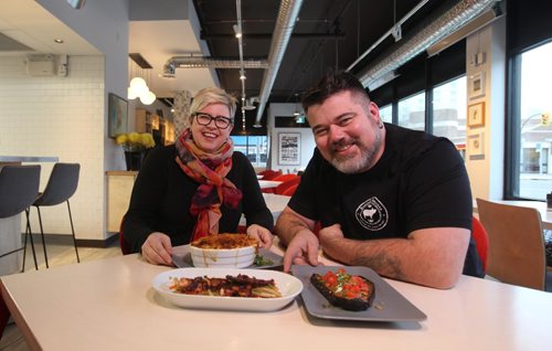RUTH BONNEVILLE / WINNIPEG FREE PRESS

Biz:  ALEXANDER SVENNE (right)  and, DANIELLE CARIGNAN SVENNE along with other partners opened Bouchée du Boucher restaurant and butcher shop on the ground floor of recently renovated apartment block in St. Boniface. 
Dishes in photo Grilled eggplant with greek yogurt and pumpkin seeds, Baked Mac & Cheece and Grilled octopus with tripe.  

See Murray McNeil story.  

Dec 1st,  2016
