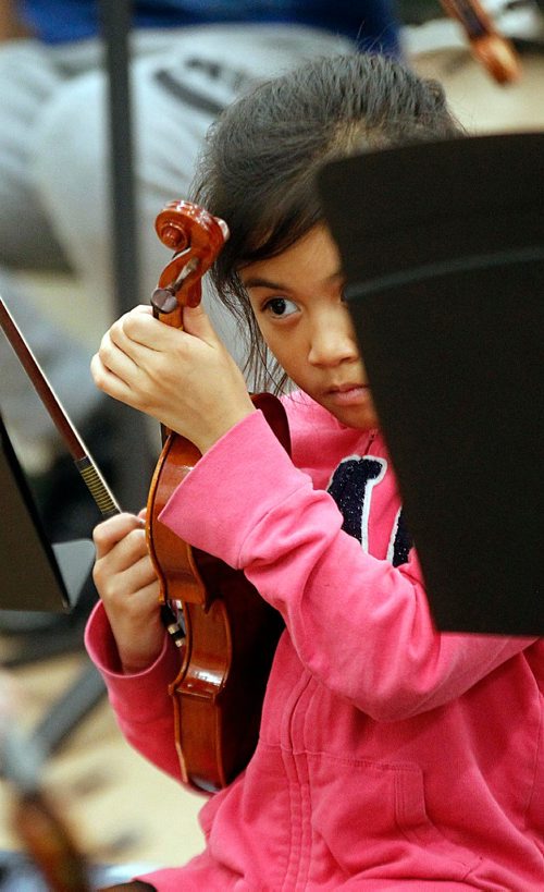 PHIL HOSSACK / WINNIPEG FREE PRESS -Chesca Demillo, A King Edward School student "plucks" her violin to check tuning, she and her classmates are involved in the WSOs Sistema program, which aims to connect youth in undeserved areas with the pursuit of excellence in music education, spent the afternoon and evening practicing for an upcoming concert. See Melissa Martin's story. December 1, 2016