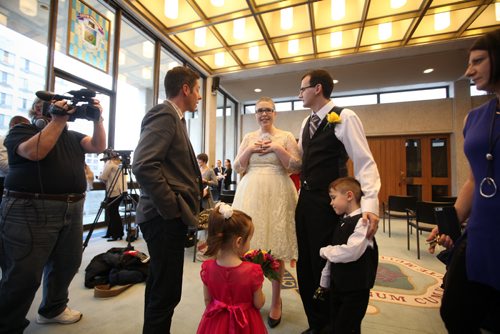 RUTH BONNEVILLE / WINNIPEG FREE PRESS

Chris and Lisa Herie with their kids son - Tiernan, 5yrs, and daughter - Dahlia, 2yrs chat with Winnipeg Mayor Brian Bowman after their marriage at City hall on Friday afternoon.  They are the first couple to be married in a civil ceremony at City Hall with friends, family, mayor Brian Bowman and the media there to capture the moments event.  
See Jen Zoratti's story.  
Dec 2, 2016
