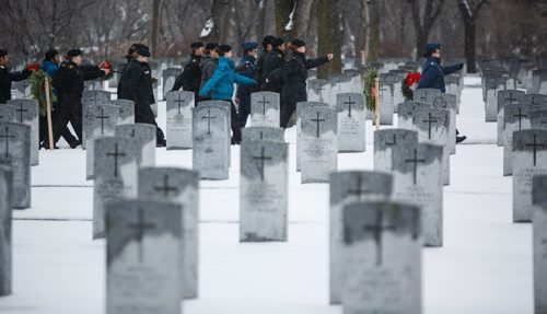 MIKE DEAL / WINNIPEG FREE PRESS
Local Cadets march through the Field of Honour at Brookside Cemetery Sunday to commemorate the 75th Anniversary of the Battle of Hong Kong.
161204 - Sunday, December 4, 2016.