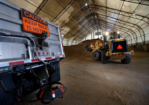 WAYNE GLOWACKI / WINNIPEG FREE PRESS

Sand and salt  is loaded into a sanding truck at the City facility on Pacific Ave.in preparation for the expected snow storm this week.  Rebecca Dahl  story  Dec. 5 2016