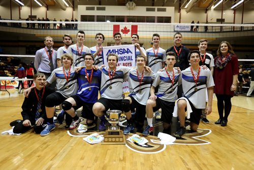 TREVOR HAGAN / WINNIPEG FREE PRESS
The Lord Selkirk Royals celebrate after defeating the Miles Macdonell Buckeyes in the provincial volleyball championship, Monday, December 5, 2016.