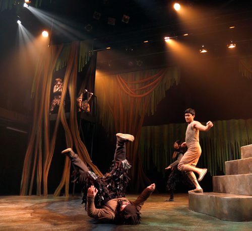 
WAYNE GLOWACKI / WINNIPEG FREE PRESS

 Mowgli (Adriano Sobretodo Jr. runs down the steps as Baloo (Cory Wojcik)  on his back in a scene in The Jungle Book  at the Manitoba Theatre for Young People.  Randall King story Dec. 6 2016