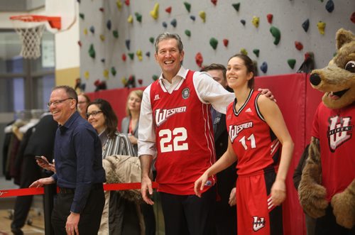 RUTH BONNEVILLE / WINNIPEG FREE PRESS

Manitoba Premier Brian Pallister and his daughter Shawn who is in her 3rd year on the Wesman Basketball team, are all smiles at the Axworthy Health RecPlex Community Gym Tuesday during kick off the University of Winnipeg's 50th year of celebration of its annual Wesmen Classic Basketball Tournament. 
Dec 6, 2016
