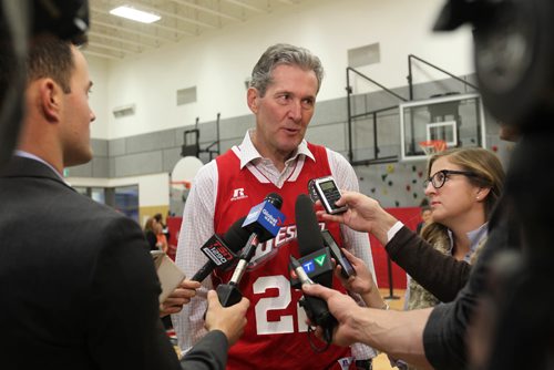 RUTH BONNEVILLE / WINNIPEG FREE PRESS

Manitoba Premier Brian Pallister is asked questions by the media at the Axworthy Health RecPlex Community Gym Tuesday during kick off the University of Winnipeg's 50th year of celebration of its annual Wesmen Classic Basketball Tournament Tuesday.  
Dec 6, 2016
