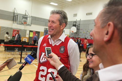 RUTH BONNEVILLE / WINNIPEG FREE PRESS

Manitoba Premier Brian Pallister is asked questions by the media at the Axworthy Health RecPlex Community Gym Tuesday during kick off the University of Winnipeg's 50th year of celebration of its annual Wesmen Classic Basketball Tournament Tuesday.  
Dec 6, 2016
