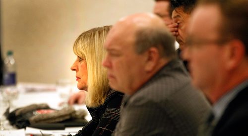 PHIL HOSSACK / WINNIPEG FREE PRESS - Cathy Cox takes in loud vocal criticism at a public board meeting at the provincial fisher's association (Not sure of the official name) See Kristen Annabel's story. December 1, 2016