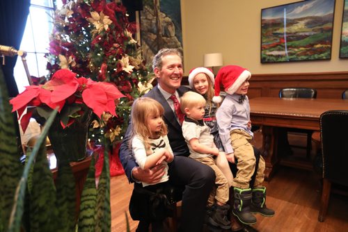 RUTH BONNEVILLE / WINNIPEG FREE PRESS


Kids have their photo taken with Premier Brian Pallister in his office while visiting the Manitoba Legislative Building with parents at the Annual Open House  Saturday.  
Names of kids - Griffin Valainis (hat)  4yrs, Annika Valainis (hat) - 7yrs  (brother and sister), with their cousins Pippa Baldwin 3yrs and Hudson Baldwin 2yrs.  
Olivia Baldwin Valainis is mom to two of the children.  
Dec 3, 2016
