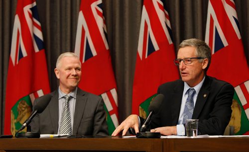WAYNE GLOWACKI / WINNIPEG FREE PRESS

  At right, Blaine Pedersen, Minister of Infrastructure and Doug McMahon, Assistant Deputy Minister, Manitoba Infrastructure Water Management and Structures Division at the Manitoba flood forecast new conference in the Manitoba Legislative Building Tuesday. Kristin Annable story Dec. 13 2016
