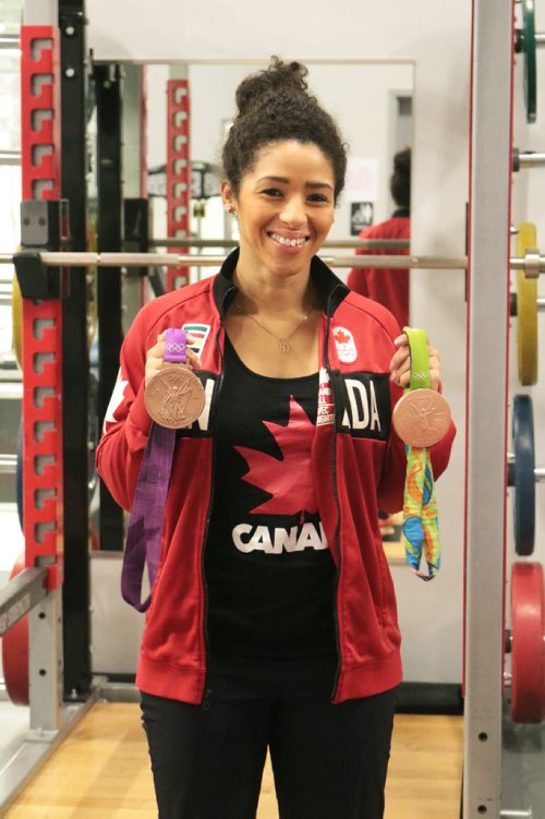 Canstar Community News Canadas soccer player Desiree Scott holds her two bronze medals on Dec. 8, 2016.