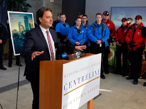 BORIS MINKEVICH / WINNIPEG FREE PRESS
Winnipeg Police Service Announces Downtown Safety Strategy. Press conference took place on the main floor of the Manitoba Hydro building downtown. Downtown Winnipeg BIZ Executive Director Stefano Grande talks to the crowd. ALDO SANTIN STORY. Dec. 15, 2016