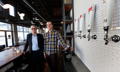 WAYNE GLOWACKI / WINNIPEG FREE PRESS

Real Estate.   At right, Little Brown Jug founder Kevin Selch and his landlord Brian Scharfstein, president, Canadian Footwear Ltd. inside the new micro-brewery which opened recently in the West Exchange District.  Murray McNeill story   Dec.15 2016