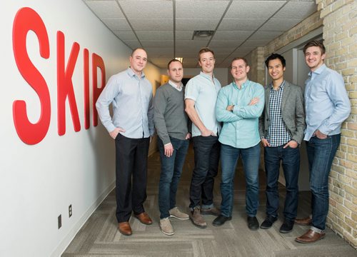 DAVID LIPNOWSKI / WINNIPEG FREE PRESS 

(L-R) Dan Simair, Howard Migdal (Canada Country Manager for Just Eat), Joshua Simair, Jeff Adamson, Andrew Chau, and Chris Simair   are co founders of Skip the Dishes photographed in their Winnipeg office Thursday December 15, 2016.