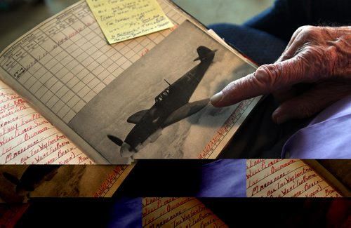 PHIL HOSSACK / WINNIPEG FREE PRESS - Ian Thomson flips through his pilot's log pointing out a photo of a Nazi Messerschmidt fighter. He flew Halifax Bombers in WW2.  See Kevin Rollason's story. , 2016