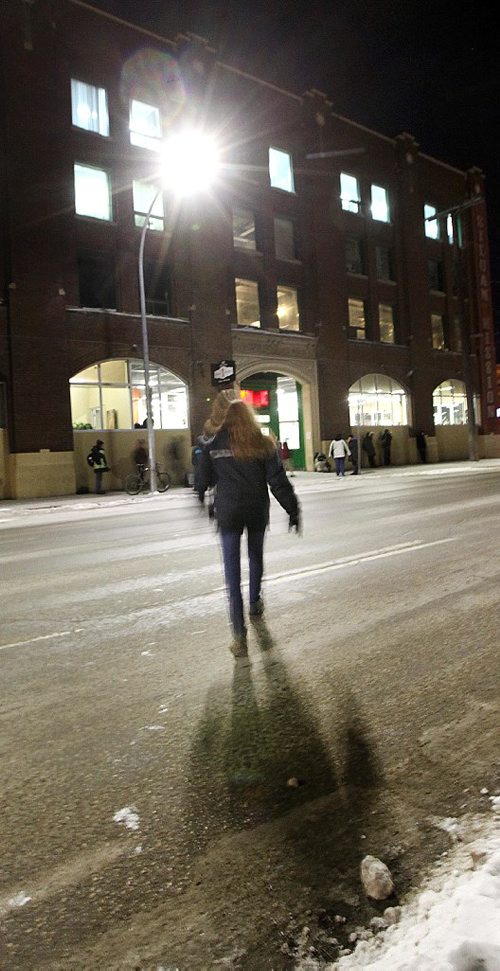 PHIL HOSSACK / WINNIPEG FREE PRESS -  "Anonymous2" crosses Princess street towards Silom Mission Thursday. See Jenn Zorati's story re: Homeless......   - December 15, 2016