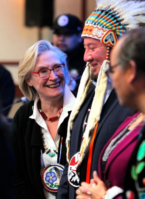 BORIS MINKEVICH / WINNIPEG FREE PRESS
Manitoba First Nations School System Education Governance Agreement Signing Ceremony at the Victoria Inn & Conference Centre, 1808 Wellington Avenue. L-R The Honourable Carolyn Bennett, Minister of Indigenous and Northern Affairs, Assembly of Manitoba Chiefs Grand Chief Derek Nepinak, Manitoba Keewatinowi Okimakanak Inc. Grand Chief Sheila North Wilson (in red jacket but behind Nelson), and Southern Chief's Organization Inc. Grand Chief Terrance Nelson. BILL REDEKOP STORY. Dec. 16, 2016