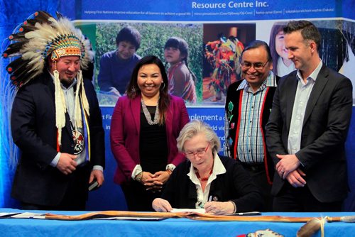 BORIS MINKEVICH / WINNIPEG FREE PRESS
Manitoba First Nations School System Education Governance Agreement Signing Ceremony at the Victoria Inn & Conference Centre, 1808 Wellington Avenue. L-R Assembly of Manitoba Chiefs Grand Chief Derek Nepinak, Manitoba Keewatinowi Okimakanak Inc. Grand Chief Sheila North Wilson, The Honourable Carolyn Bennett, Minister of Indigenous and Northern Affairs, Southern Chief's Organization Inc. Grand Chief Terrance Nelson, and federal official Derek Bradley. Bennett is signing the document in photo. BILL REDEKOP STORY. Dec. 16, 2016