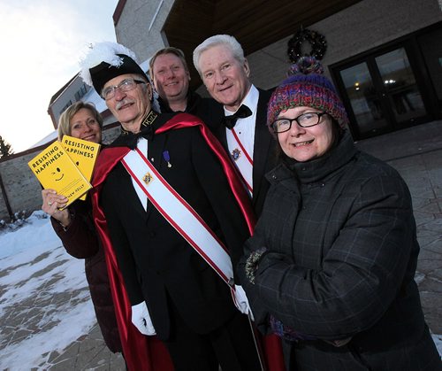PHIL HOSSACK / WINNIPEG FREE PRESS -  South Winnipeg church puts out big welcome mat for Christmas Eve, including parking attendants, carollers from Knights of Columbus, and greeters. Left to right, Shawnda Muir, "Sir Knight" Al Borys, "Sir Knight" PeterLodewyks, Fr Kevin Bettens and Theresa Hill pose at Mary, Mother of the Church Roman Catholic Parish in Fort Richmond. See Suderman story.
 - December 16, 2016